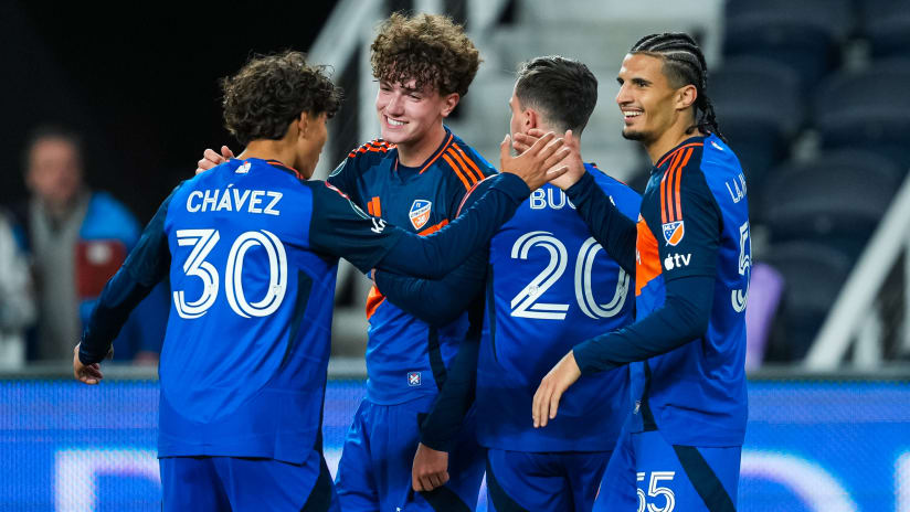 Jugadores de FC Cincinnati celebran gol ante Universidad O&M en el TQL Stadium, Concacaf Champions Cup 2026