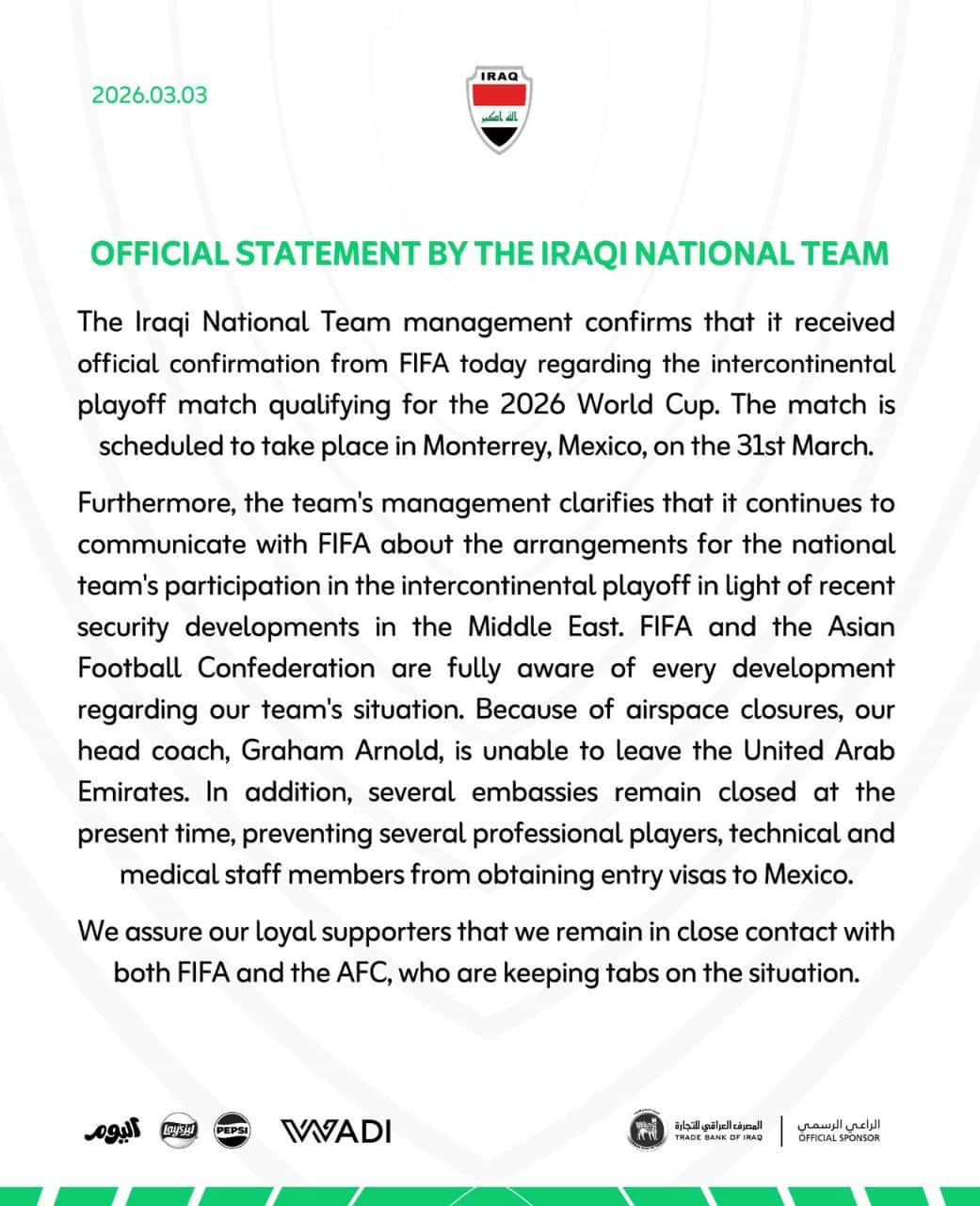 Comunicado oficial de la Federación Iraquí de Fútbol sobre el playoff del Mundial 2026