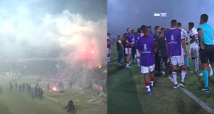Bengalas y humo en la tribuna norte del estadio Atanasio Girardot durante el partido suspendido entre Independiente Medellín y Flamengo por Copa Libertadores