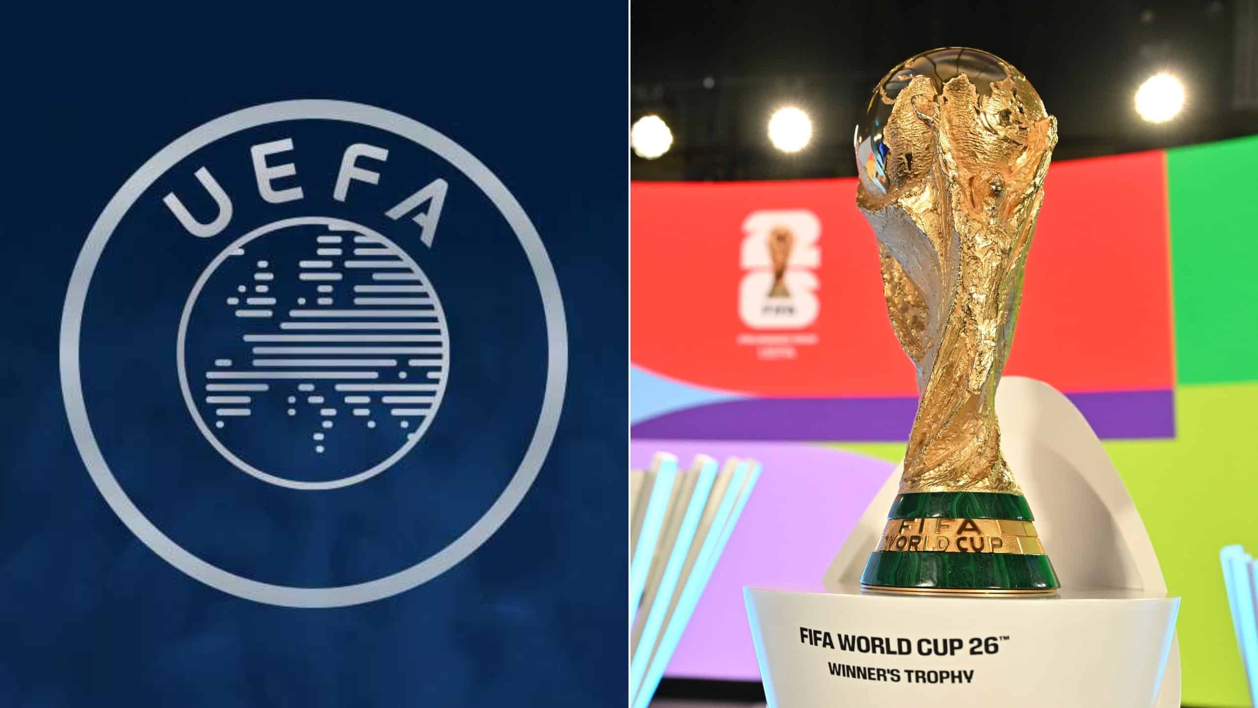 Escudo de la UEFA junto al trofeo de la Copa del Mundo de la FIFA sobre su pedestal en un sorteo