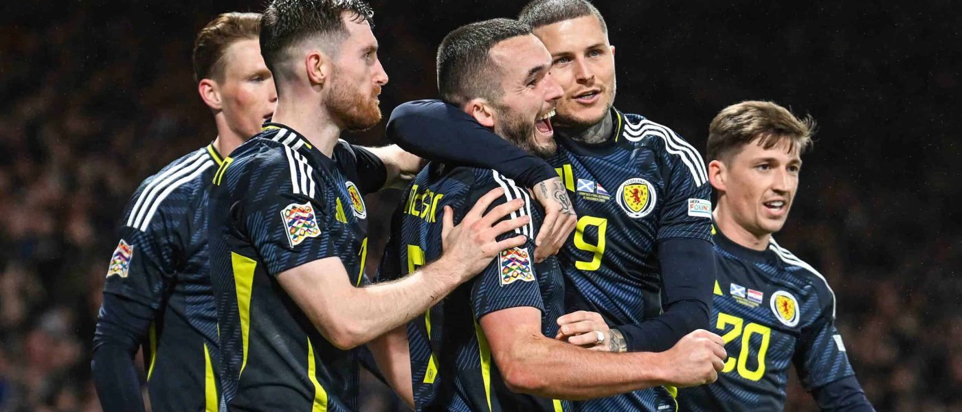 GLASGOW, SCOTLAND  - NOVEMBER 15: Scotland's John McGinn (centre) celebrates scoring to make it 1-0 during the UEFA Nations League 2024/25 League A Group A1 match between Scotland and Croatia at Hampden Park, on November 15, 2024, in Glasgow, Scotland. (Photo by Rob Casey / SNS Group)