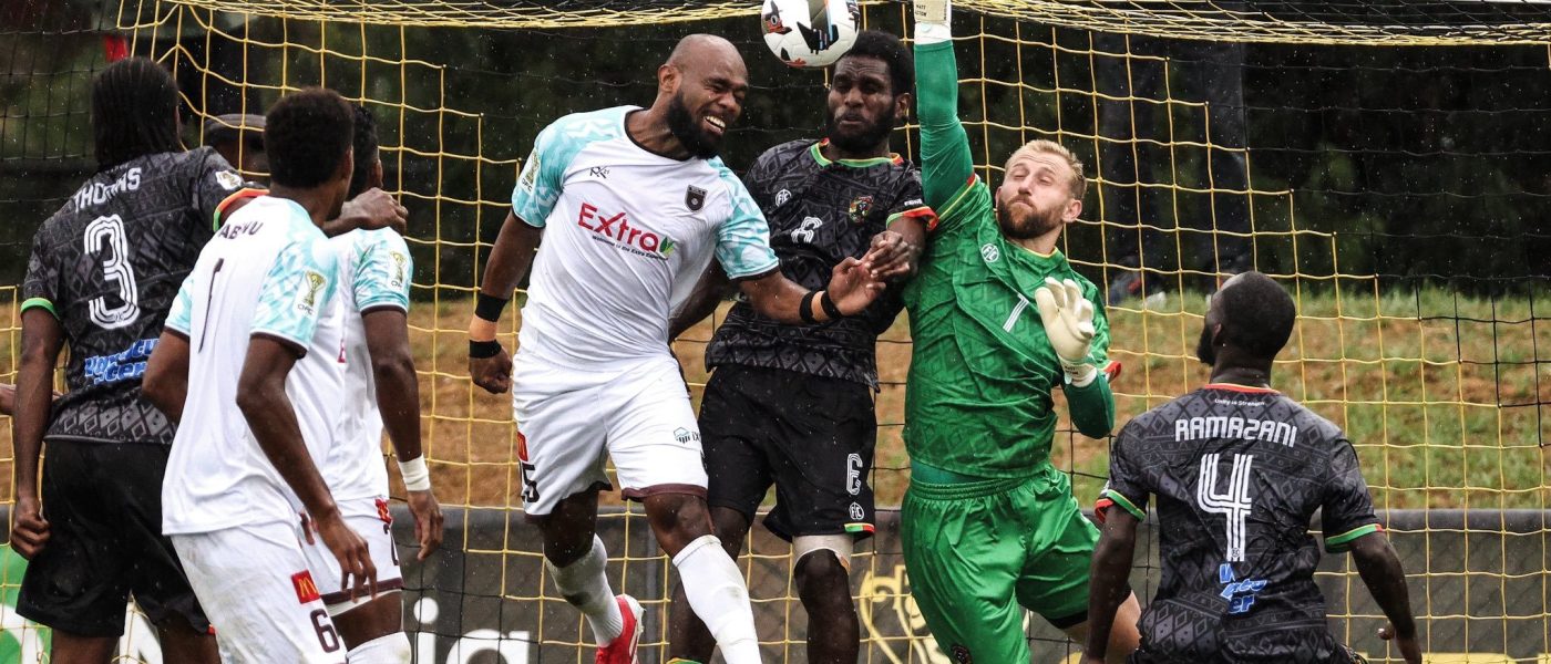 Bula FC's Christopher Wasasala, Vanuatu United FC's Bill Kaltack and Vanuatu United FC's Matthew Acton OFC Pro League 2026, Bula FC v Vanuatu United FC, Olympic Park Melbourne, Sunday 22 February 2026. Photo: Hamish Blair / www.phototek.nz